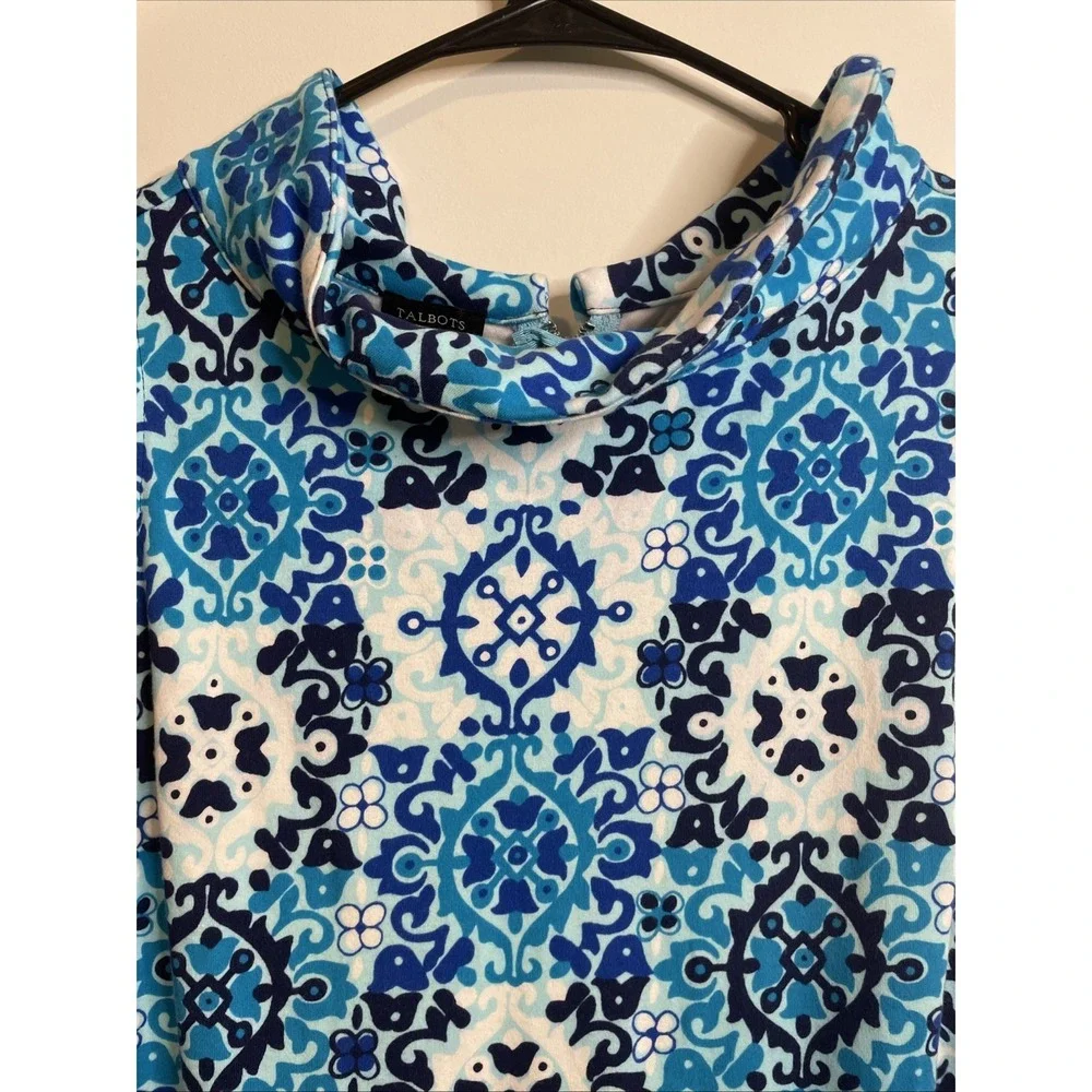 Talbots Blue Tile Print Shift Dress Sleeveless Preppy Coastal Size S
